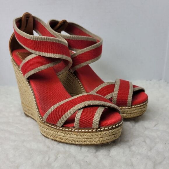 Tory Burch Adonis Womens Size 8.5 Red Blue Stripe Canvas Espadrille Wedge - Picture 1 of 8